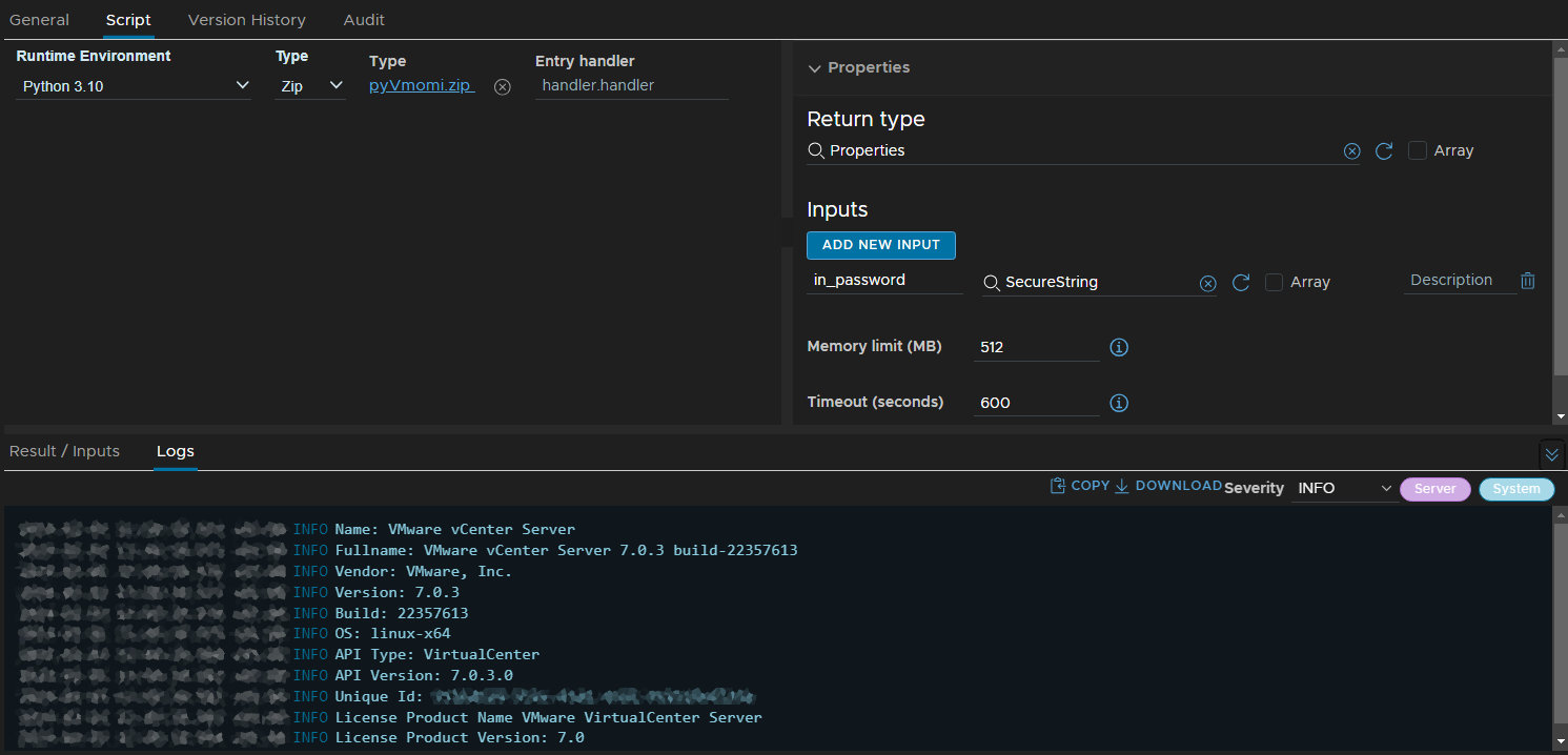 vmware aria automation with pyvmomi in python runtime environment