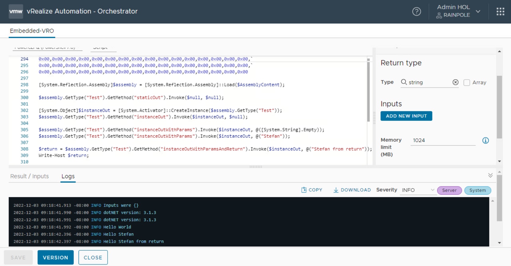 vmware aria automation powershell action with embeded dotnet assembly