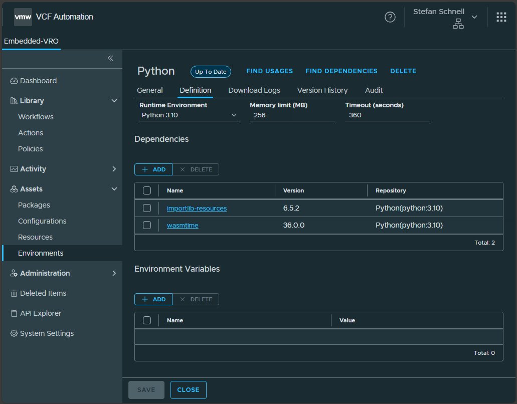 vcf automation environment with python package wasmtime