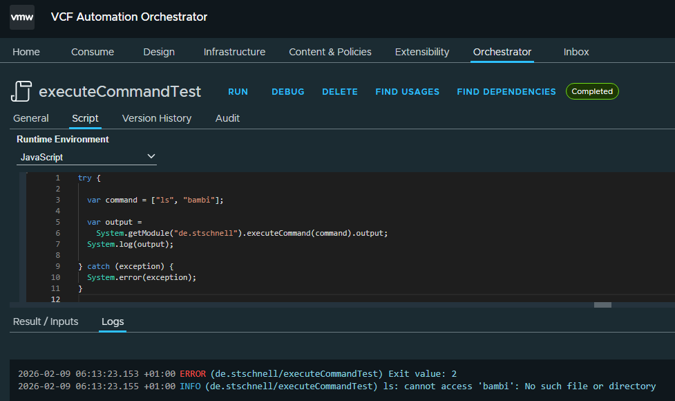 vcf automation comparison of the call of an operating system command with expected error message in stderr with executecommand and with the command class - action perspective