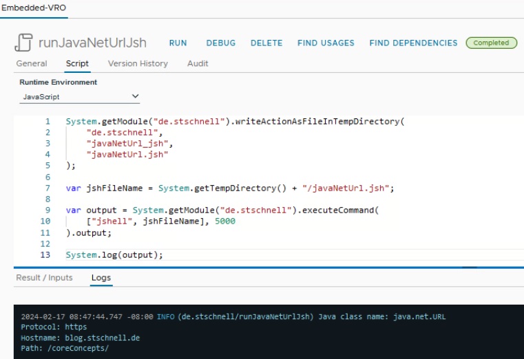 vcf automation executes java code via jshell which is stored as action