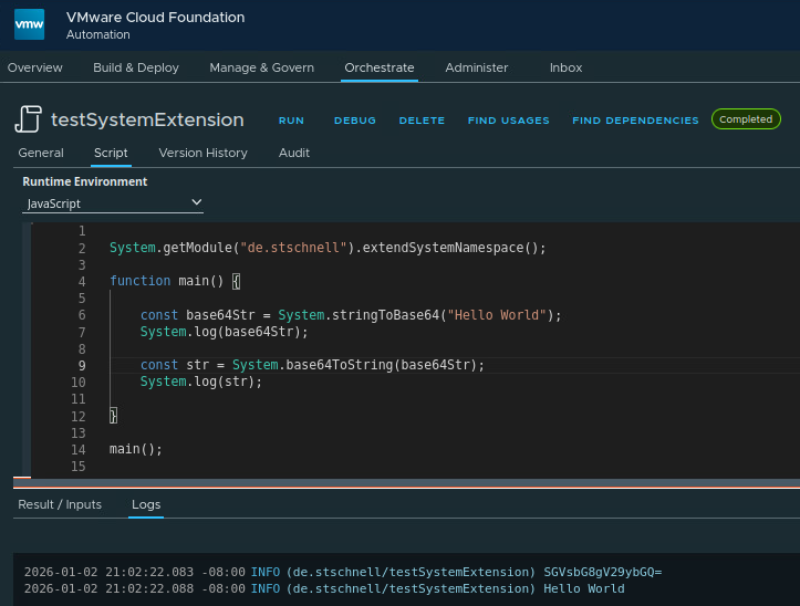 vcf automation action with example how to use system namespace extension