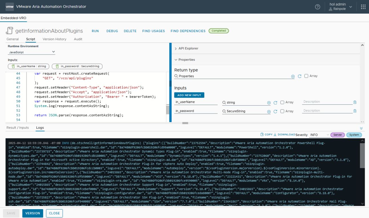 vcf automation orchestrator action to detect information about plugins