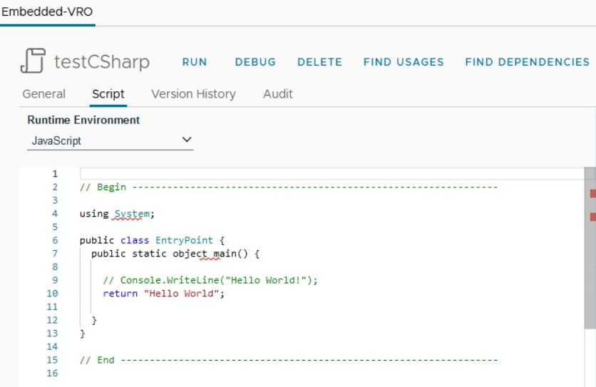 vcf automation csharp code stored as action