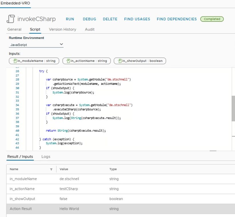 vmware aria automation invoke csharp execution results