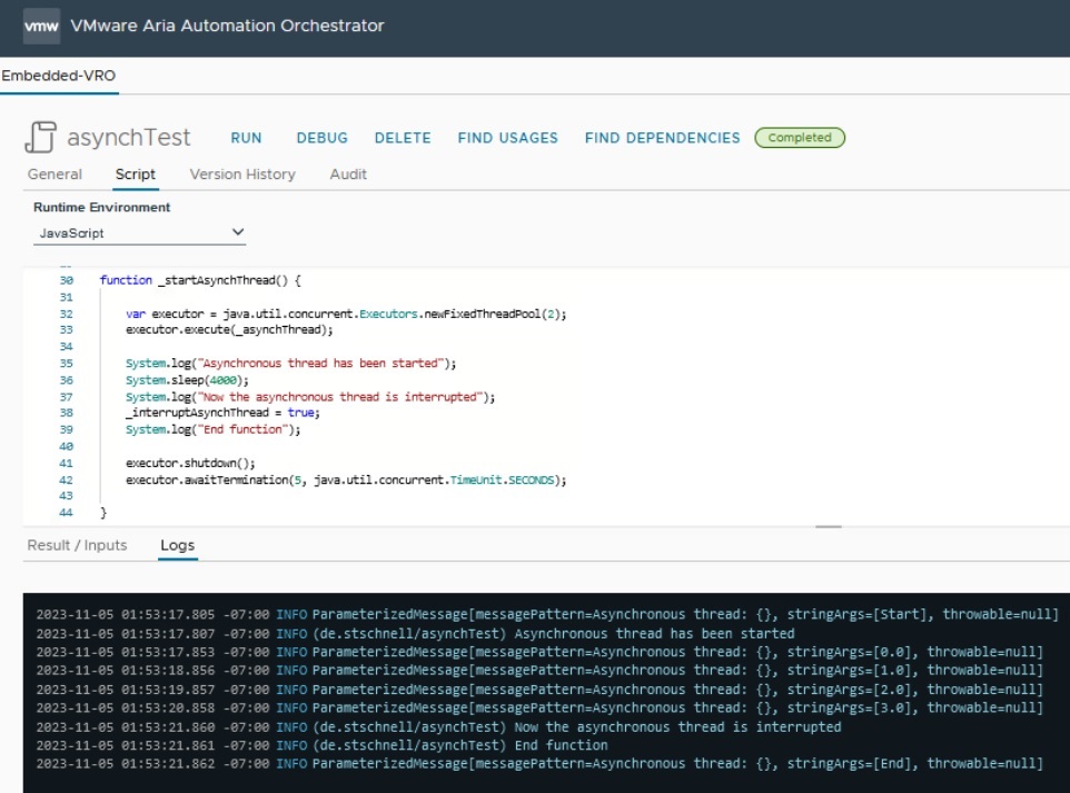 vcf automation with the result from java parallel thread execution via executor interface