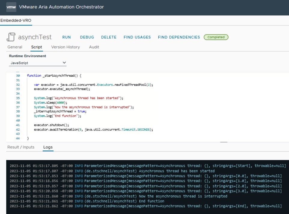 vmware aria automation with the result from java parallel thread execution via executor interface