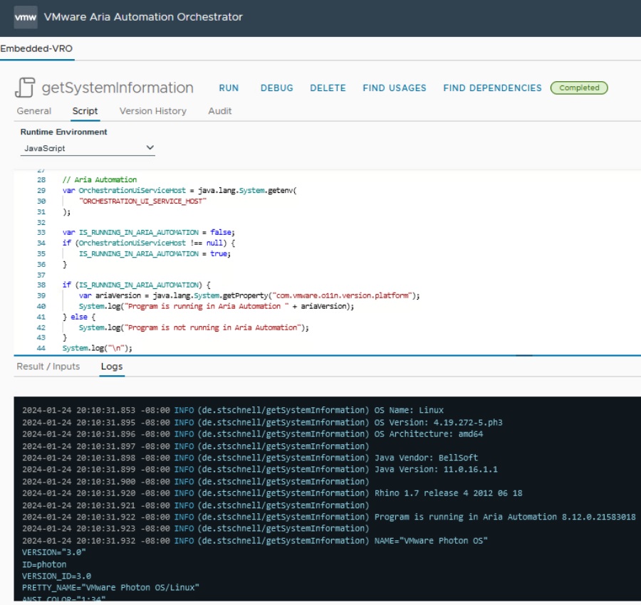 program uses javascript on aria automation