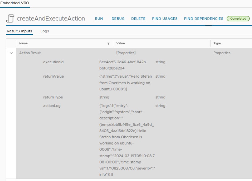result of executing the action created via rest api