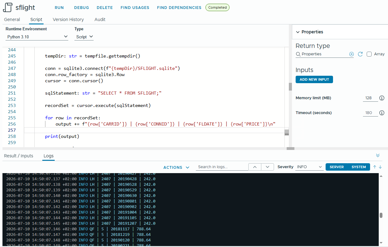 result of an action which uses sqlite database with sap flight model in vcf automation orchestrator