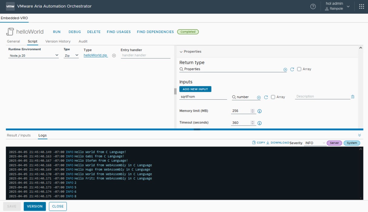 vcf automation action with log