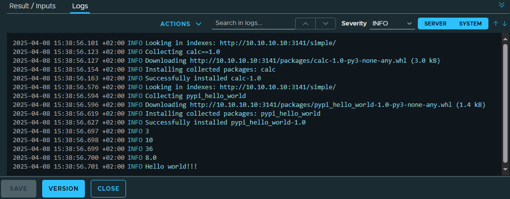 vcf automation pypi test action log window