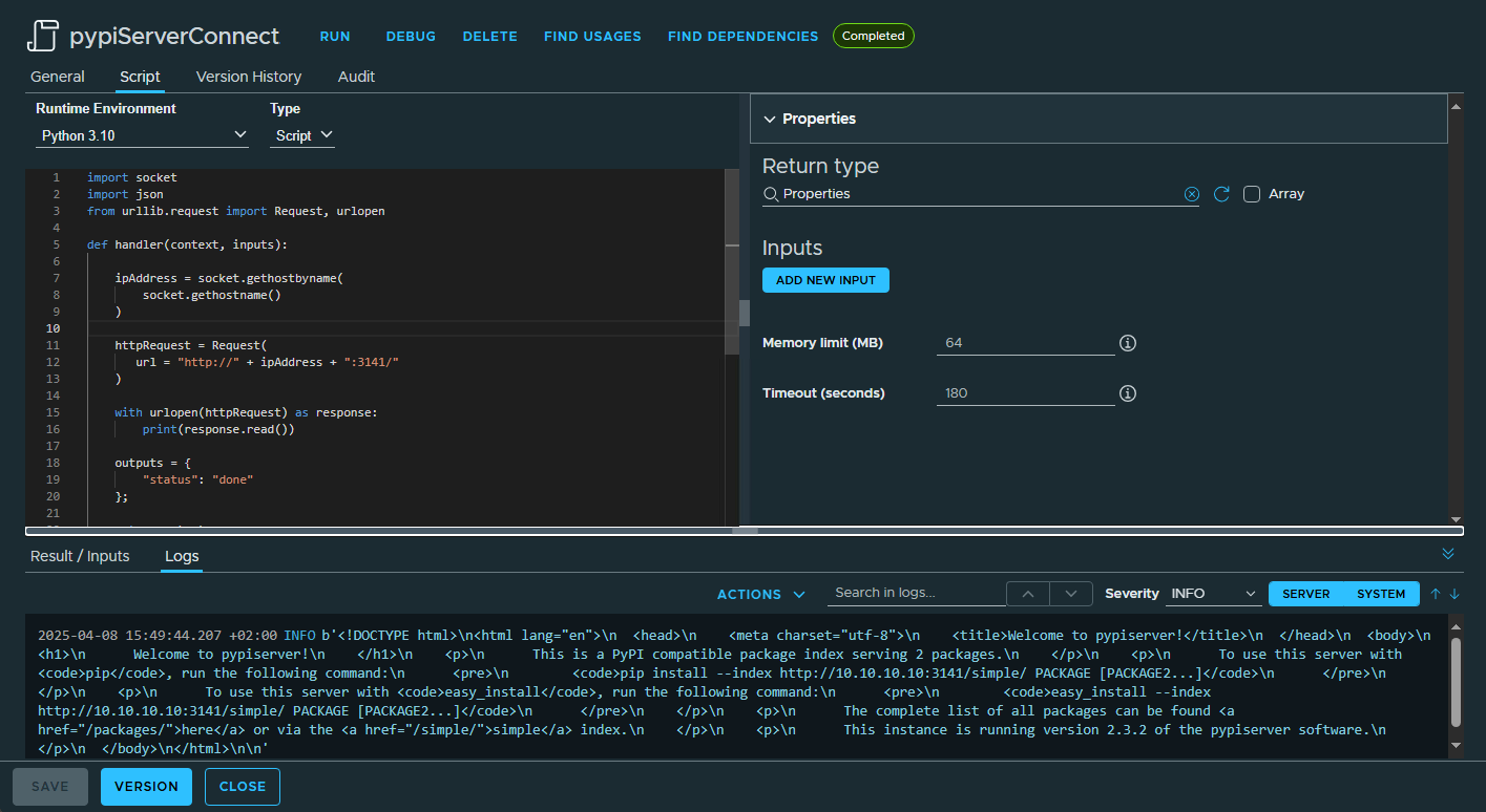 vcf automation pypi connect action