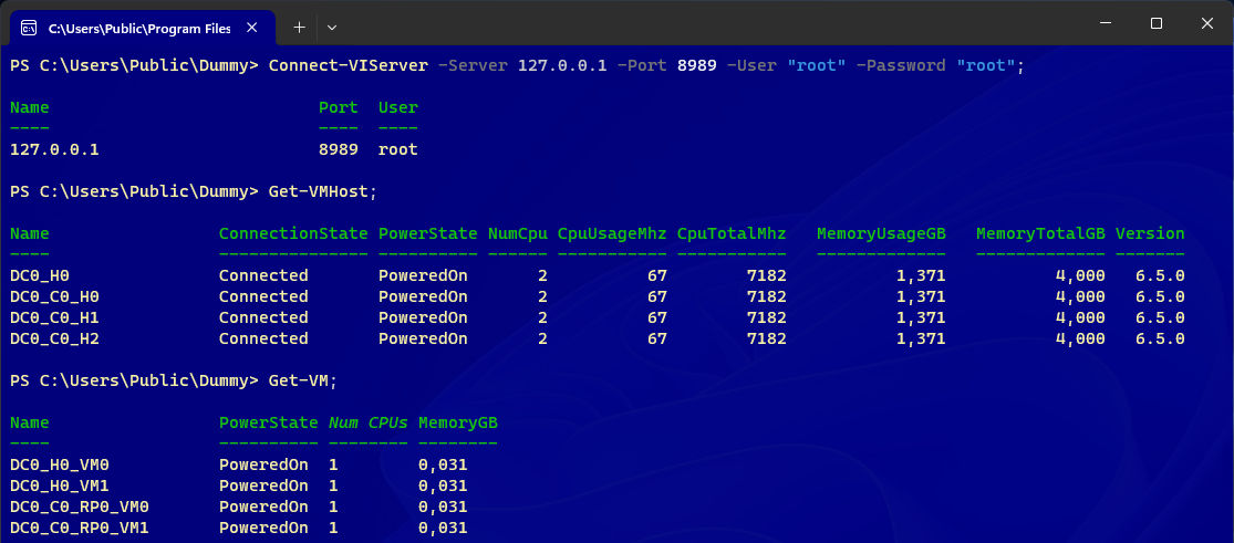 vmware vcenter simulator with powershell core on windows